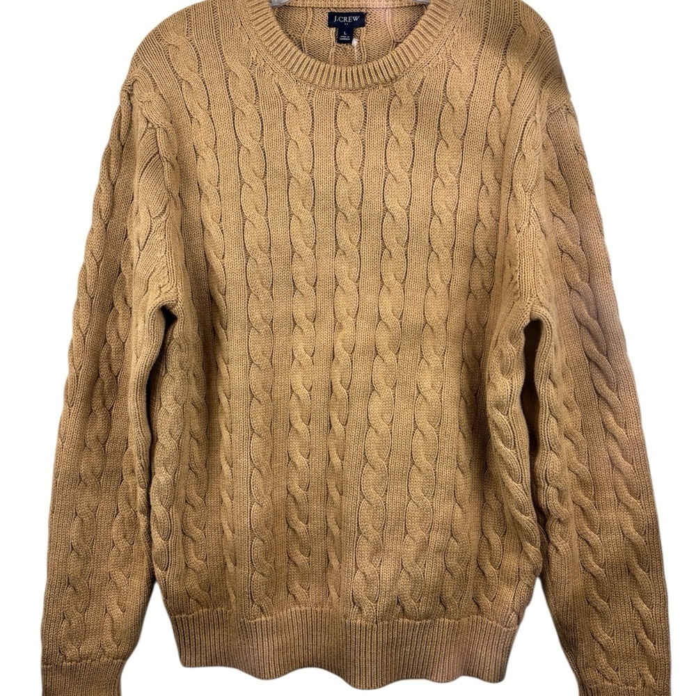 J. Crew Men's Cable Knit Camel Crewneck Sweater Size L Preppy Quiet Luxury